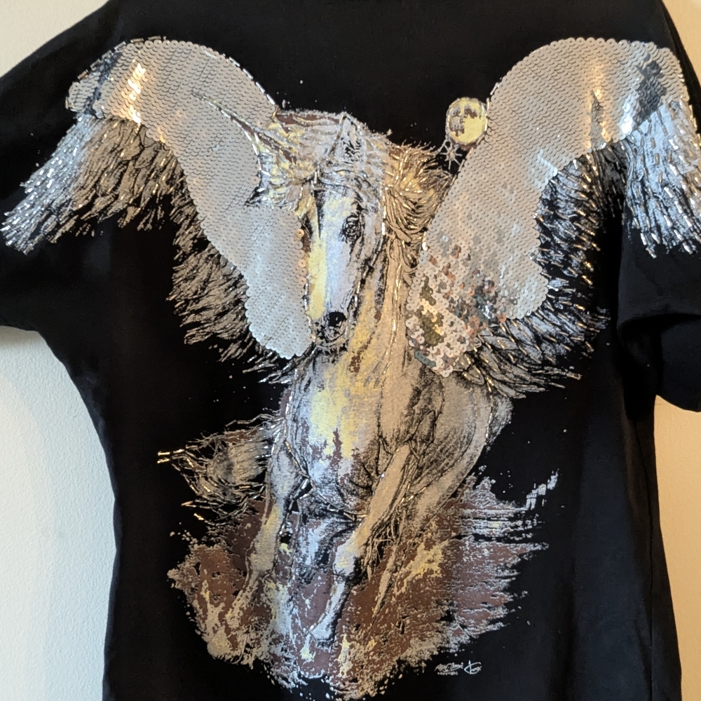 Black T-Shirt with Silver Pegasus Design